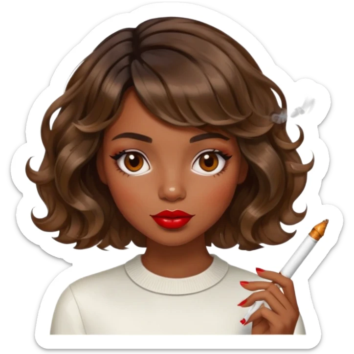 Alluring French girl french shiny brown wavy textured bob haircut tousled hair red lips and cigarette sticker