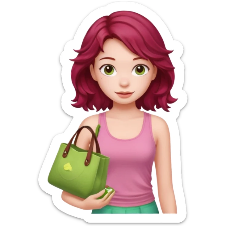 a pretty fair bratz girl with wavy dark red hair, wearing a pink tank top , carrying a matcha and a pink bag sticker