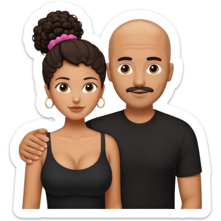 A picture of a tanned couple with the man's arm on her. the man is a Mexican man with tanned skin, a bald hair cut, short beard and wearing a black shirt. the woman is mixed, with curly dark brown hair in a messy bun and with big boobs  sticker