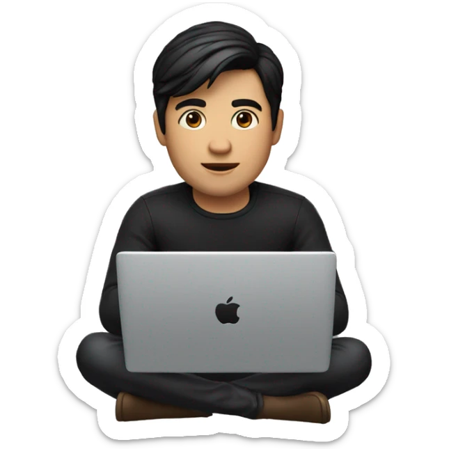 memoji of a man with a laptop in front, apple-style,modern,fair skin,black hair,black sweater,computer in hand,sitting on his desk sticker