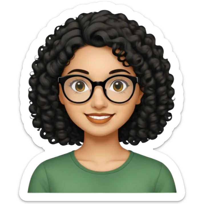 Hispanic woman in her 20s with caramel skin tone. Round face with prominent cheeks and dimples. Dark eyes with black thick-framed glasses. Shoulder-length curly black hair with defined curls. Wide sincere smile. Wearing a green casual top. sticker