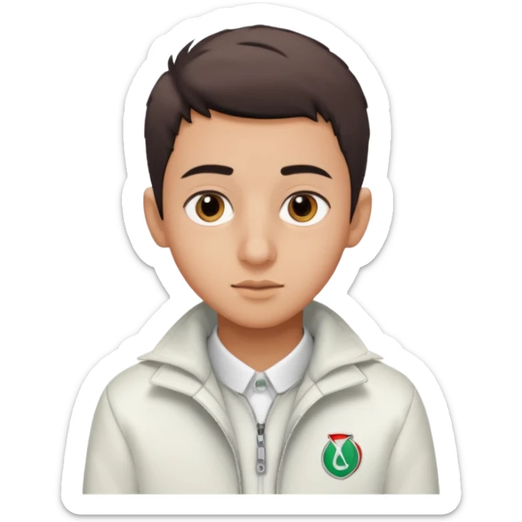 algerian teenage boy with very short gradient hair, brown eyes and long lashes, big nose and he is wear a white jacket sticker