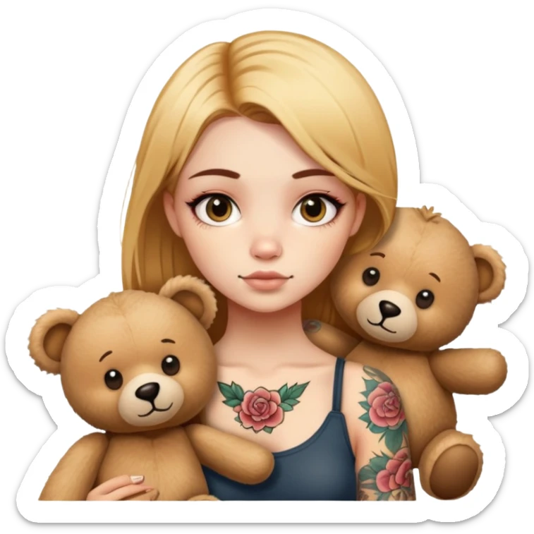 a  girl with glod  straight hair and tattoos and two teddy sticker