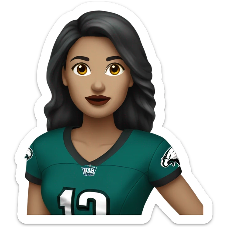 White female long dark hair red lips wearing Philadelphia Eagles jersey sticker
