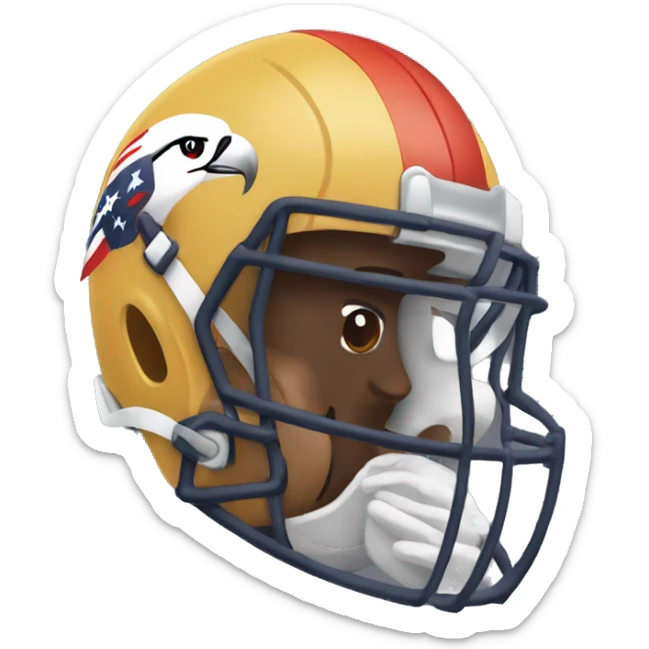 Man with a bird beak wearing an american football helmet sticker
