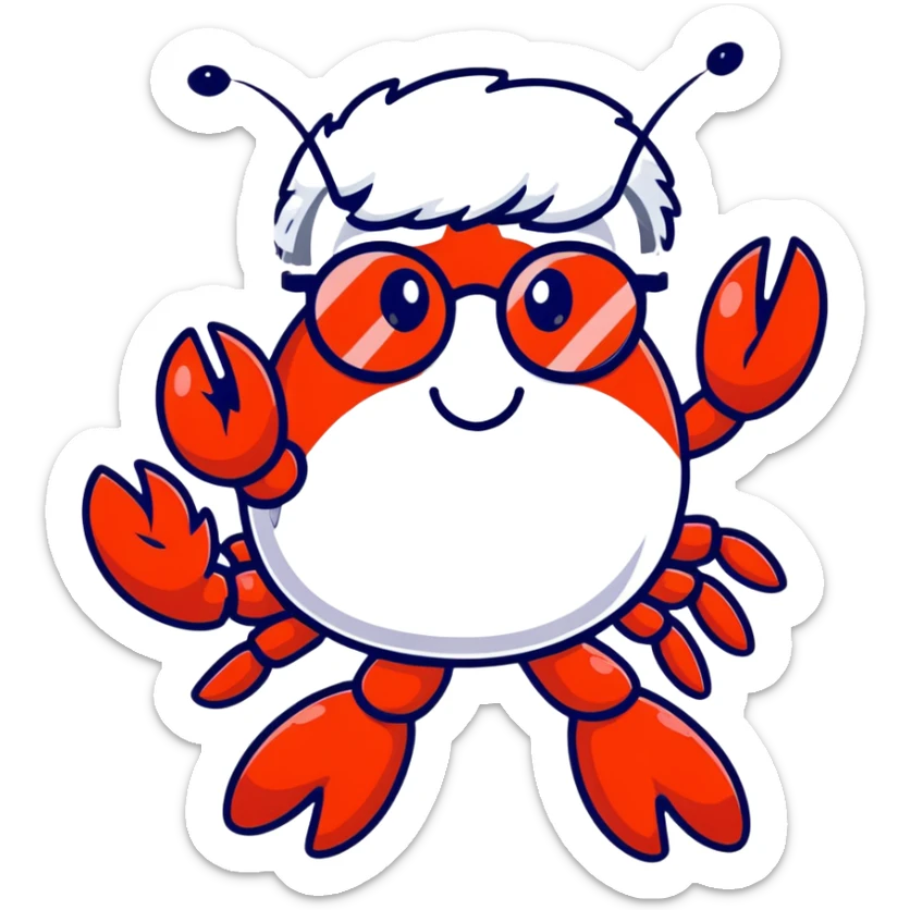senior lobster with white hair and glasses, elderly lobster character with white eyebrows and whiskers, wearing round glasses sticker