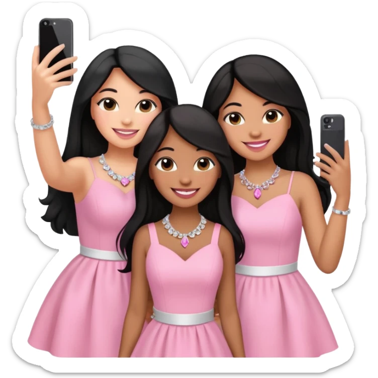 Just 3 besties with professional glammed up looks wearing pink and white, all medium skin tone smiling big with black long hair. Very girly wearing jewelry, taking a selfie  sticker