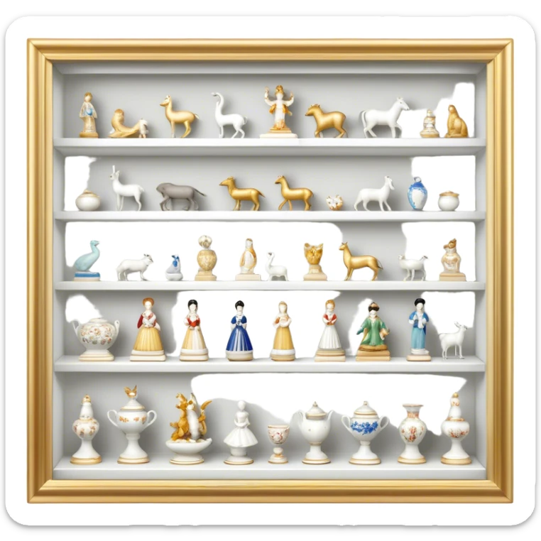 Icon for Porcelain Figurine Collecting: a collection of delicate porcelain figurines, such as animals, dancers, and historical characters, displayed on a shelf or in a display case. The icon should convey the elegance and artistry of collecting porcelain statues. Transparent background. sticker