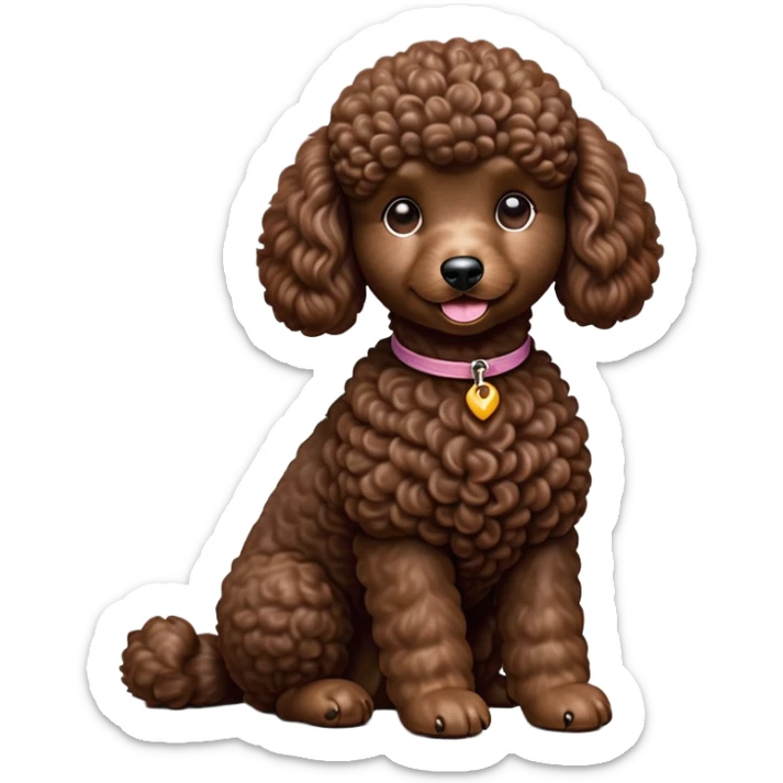 cinematic-[poodle]-realistic-full-body-sitting-emoji,-tail-resting-loosely-beside-its-paws,-head-tilted-dramatically, -curly-[chocolate]-fur,-simplified-yet-realistic-focused-features,-highly-detailed,-glowing-with-an-almost-sarcastic-glow sticker
