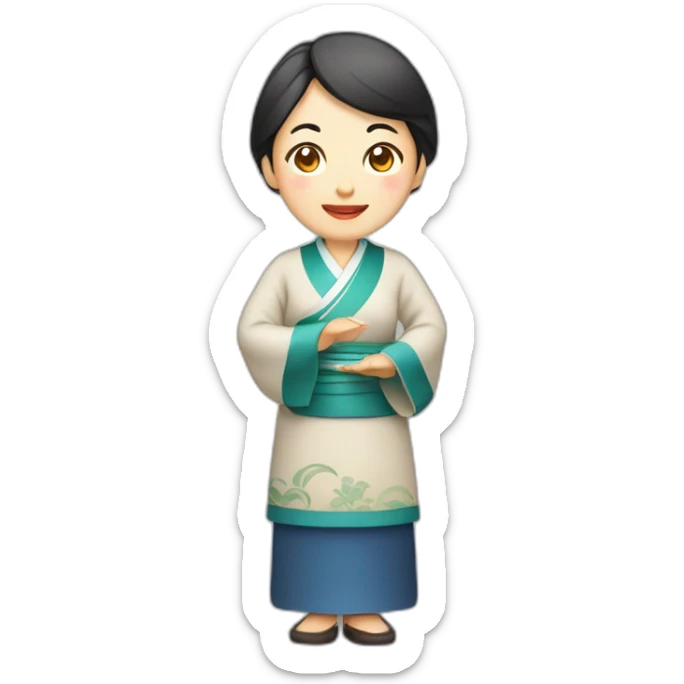 Chinese middle aged lady wear Chinese traditional dressd with a sign of agreeable  gesture sticker