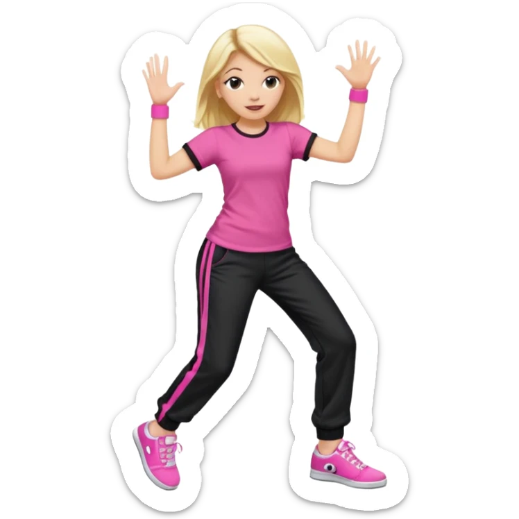 Hiphop dancer, with cute big pants, sneakers, and t-shirt. White girl blond. Coloufull shirt. No pocket pants. Dancing. Pink and black plain outfit. No sweatbands on the wrist, black music box behind her. sticker