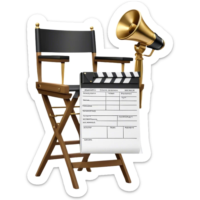 Icon for Directing: a director's chair, a film slate, a megaphone, a stack of script papers and an Oscar statuette. The icon should represent the creative and leadership aspects of directing, with focus on film and theater production. Transparent background. sticker