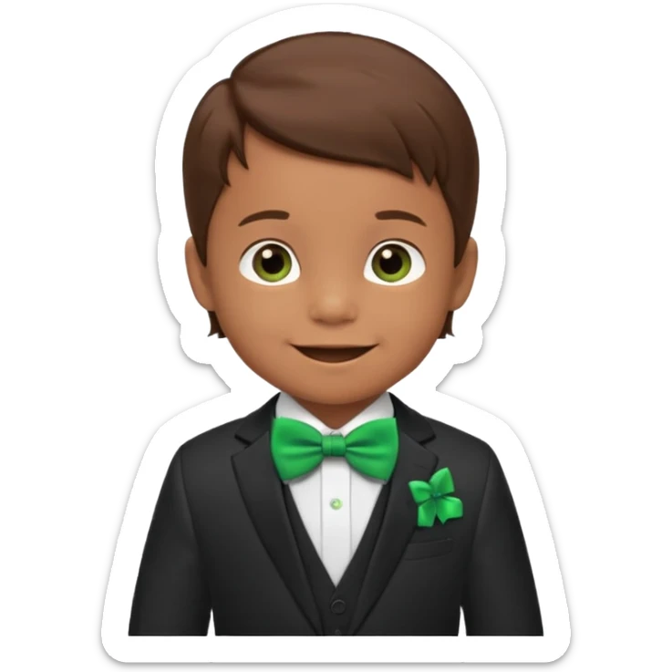 baby cute boy 5 years old, brown hair in suit, with green bow, smile sticker