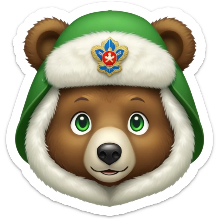 Endearing brown bear with bright green eyes, white fur ushanka hat with detailed Russian Federation emblem prominently displayed on front, iOS emoji style sticker