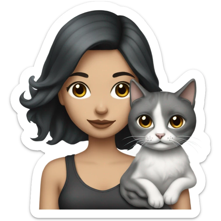 Beautiful dark haired tattooed woman holding gray and white long hair cat sticker