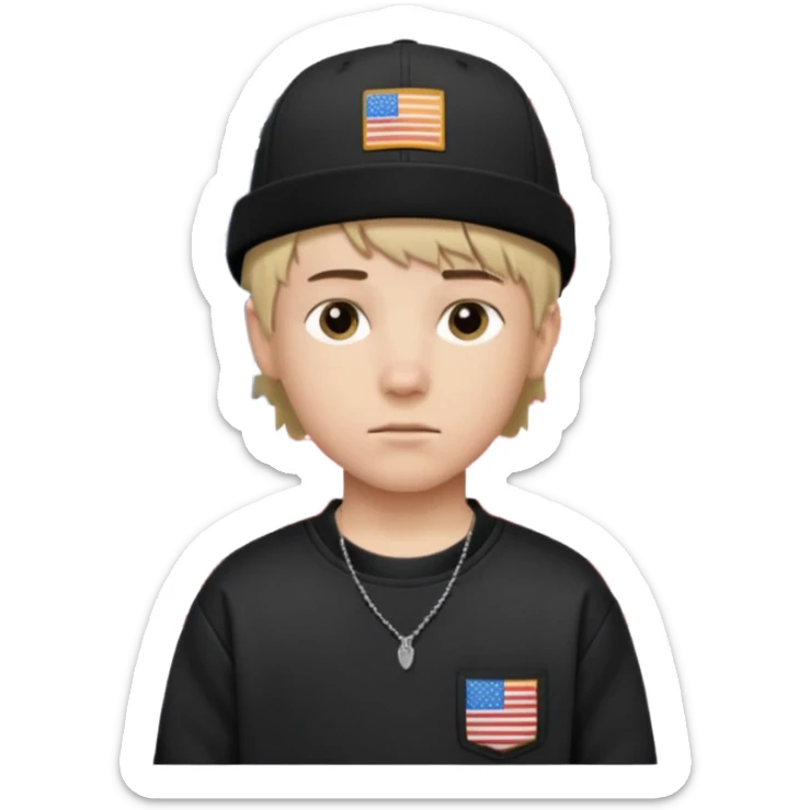 white  teen boy with short mullet haircut and black American flag flat bill hat at and wearing Carhartt sweatshirt sticker