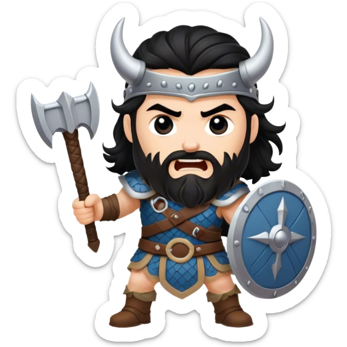 vikingo con armadura de Asgard, pelo negro ondulado, de pie, grito de guerra en torre de Asgard. sticker