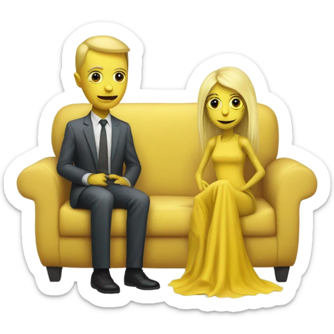 blonde alien reptilian woman in jellow dress and humman man, sitting on a couch  sticker