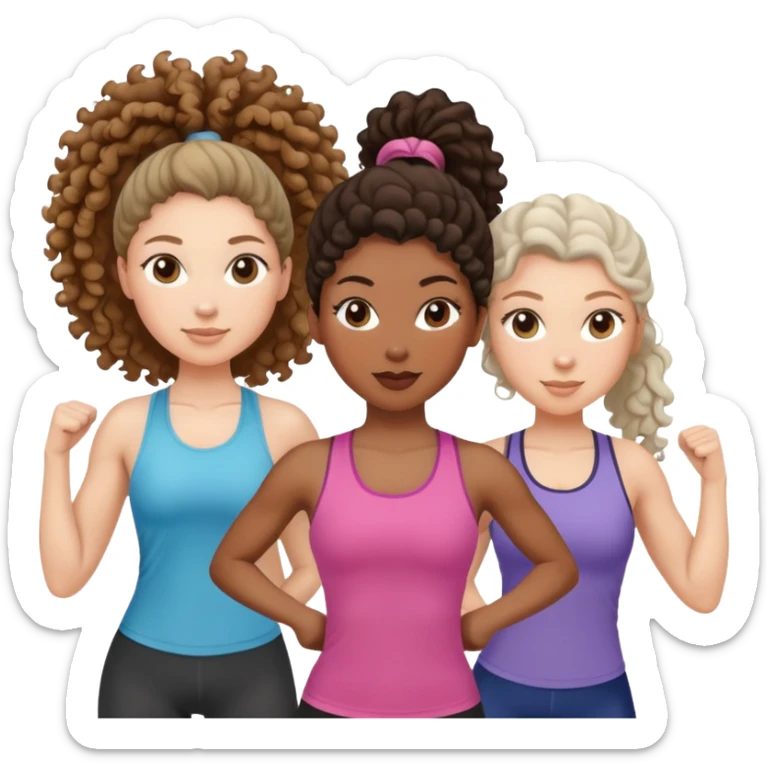 three women friends exercising together, one black woman with curly brown hair, one pale white woman with curly brown hair, and one white woman with straight brown hair in a ponytail sticker