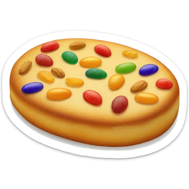 "Draw an emoji of a 'coca de San Juan,' an oval-shaped, golden Catalan pastry decorated with colorful candied fruits, pine nuts, and sprinkled with sugar. sticker