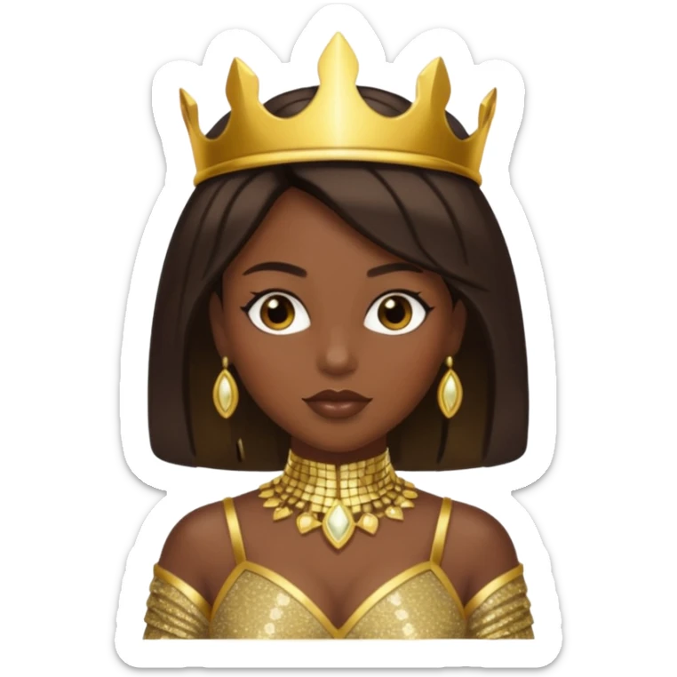 Bilquis from American Gods with dark skin, dark brown hair, gold outfit sticker