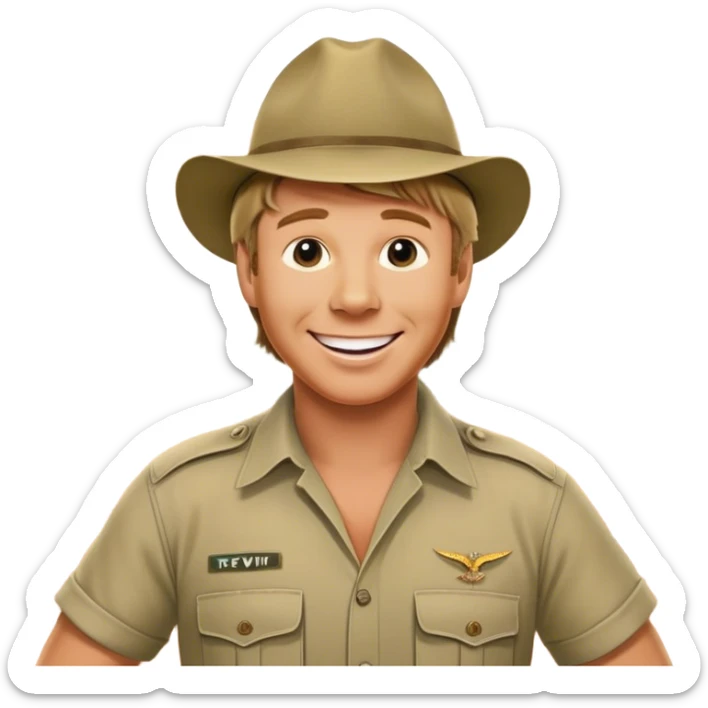Cinematic Realistic Steve Irwin Portrait Emoji, depicted as a passionate wildlife expert in his signature khaki attire with an enthusiastic smile and a backdrop of the Australian outback, rendered with vibrant textures and dynamic natural lighting that captures his adventurous spirit. sticker