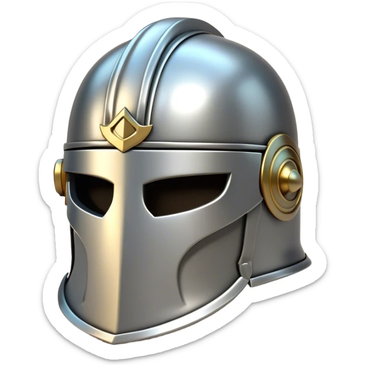 Clash of Clans aesthetic: Cinematic Playful Steel Helm Emoji, rendered in a 3D vector-style similar to standard emojis with minimal shading and bold, simplified shapes. A compact, isometric helmet crafted of shining steel with intricate engravings and a protective visor, softly glowing with a noble warrior charm. Simplified yet unmistakably iconic, highly detailed and consistent, glowing with a soft radiant gleam and high polish. Stylized with a touch of chivalric tradition and a soft glowing outline, capturing the essence of a stalwart battle helm with a friendly, playful manner! sticker
