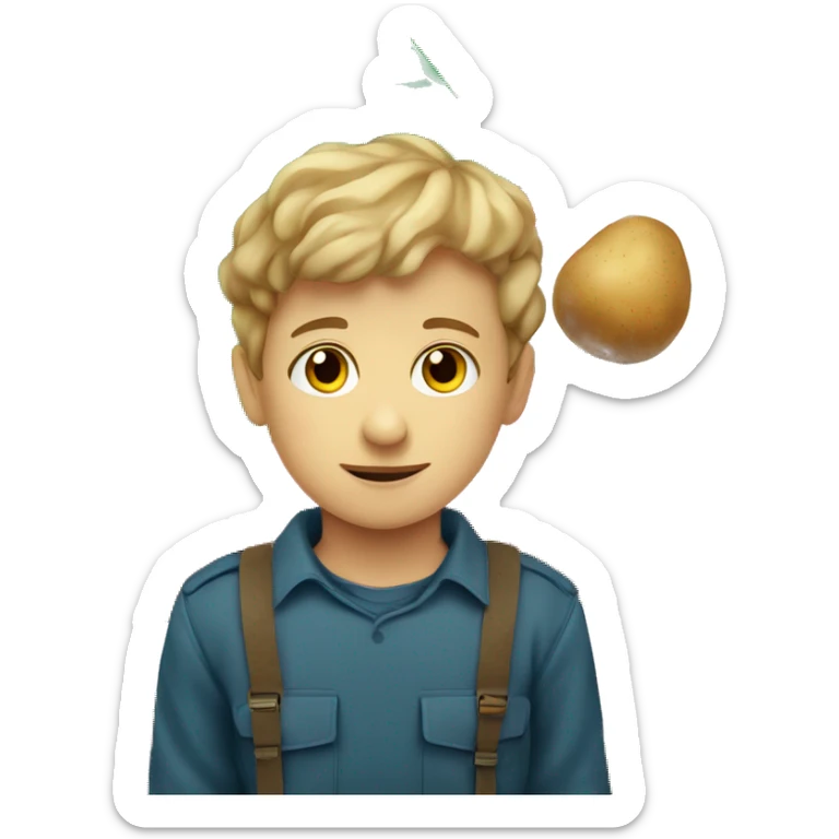 A boy holds a potato against the background of the Belarusian flag sticker