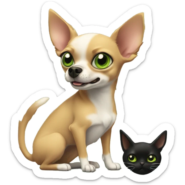 Tan Chihuaha fighting fluffy with dog and black cat with green eyes standing next to then sticker