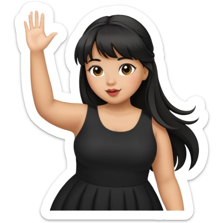 Latina girl with bangs black long hair in pony tail plus size black dress waving hand blowing kiss sticker