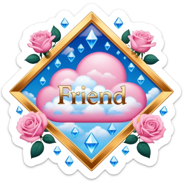 a heavenly pink and blue clouds covering diamonds with beautiful roses and petals and a text that says''Friend'' sticker