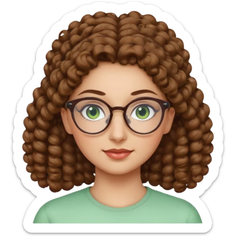 iranian woman, tight curly light brown hair in pony tail, glasses, green eyes, pretty, oval shape face sticker