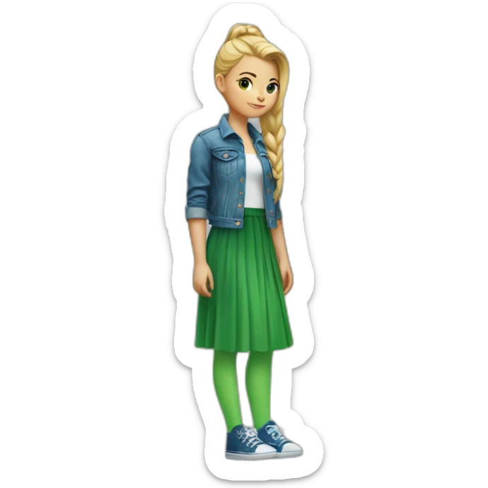 Blonde girl with bang and pony tail, in blue denim jacket, white T-shirt, green tights and elongated blue chiffon skirt sticker