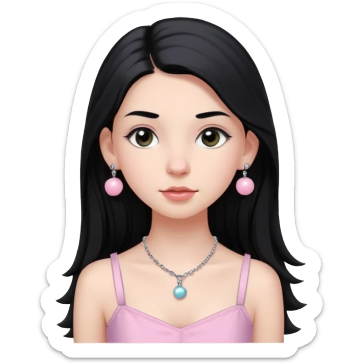 Menina branca ,cabelos longos cor preta , olhos cor preta puxados para cima. Cílios longos, lábios grossos ,nariz pequeno.vestido rosa claro de alça. Colar e brinco bolinha prata pequeno. Jovem de 16 anos  sticker