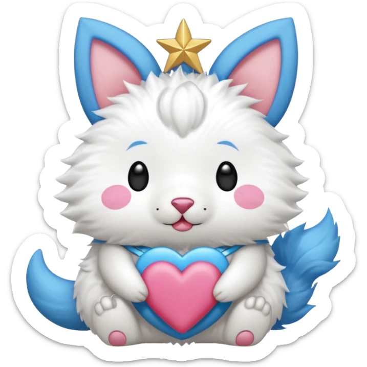 GENERATE ME A MOMONGA WHITE ANIMAL  FROM CHIIKAWA AND PUT A SAKURA FLOWER ON HIS HEAD AND A STAR PELT ON HIS BELLY AND A HEART PURSE ON HIS ARM WITH HIS FACE MAKE HIS TOUNGE STICK OUT WITH A LITTLEPINCH OFDROOL AND MAKE HIM ANIME STYLED ART GIVE HIM A BIG BLUE FLUFFY TAIL sticker
