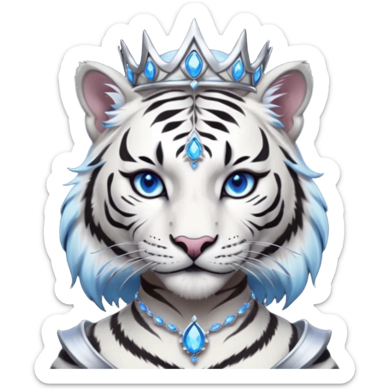 ESO Female white/black tiger khajiit leader of the umbral rose, glowing blue eyes, glowing blue 'third eye' gem; shadow umbral gem silver tiara sticker