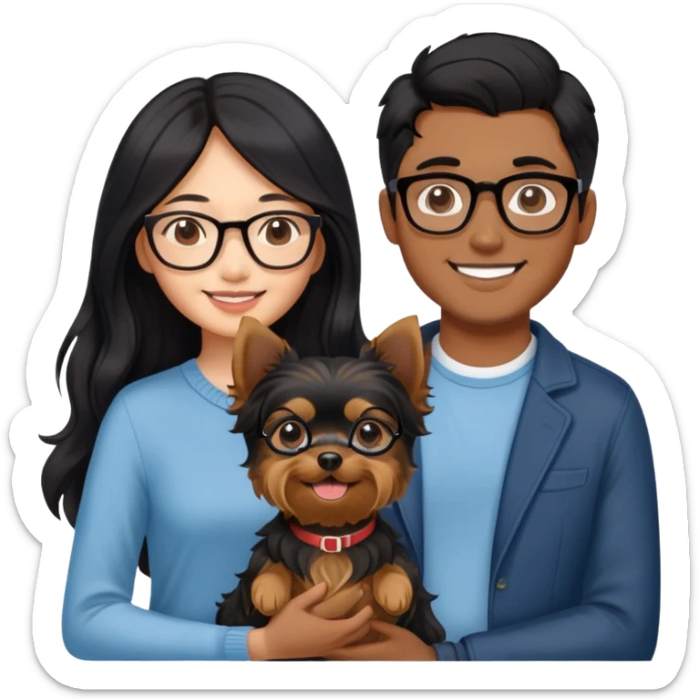 “An Asian girl with long, wavy black hair flowing freely stands beside her smiling boyfriend—a brown-skinned man with a middle part hairstyle and glasses. They are holding a small Yorkshire Terrier together.” sticker