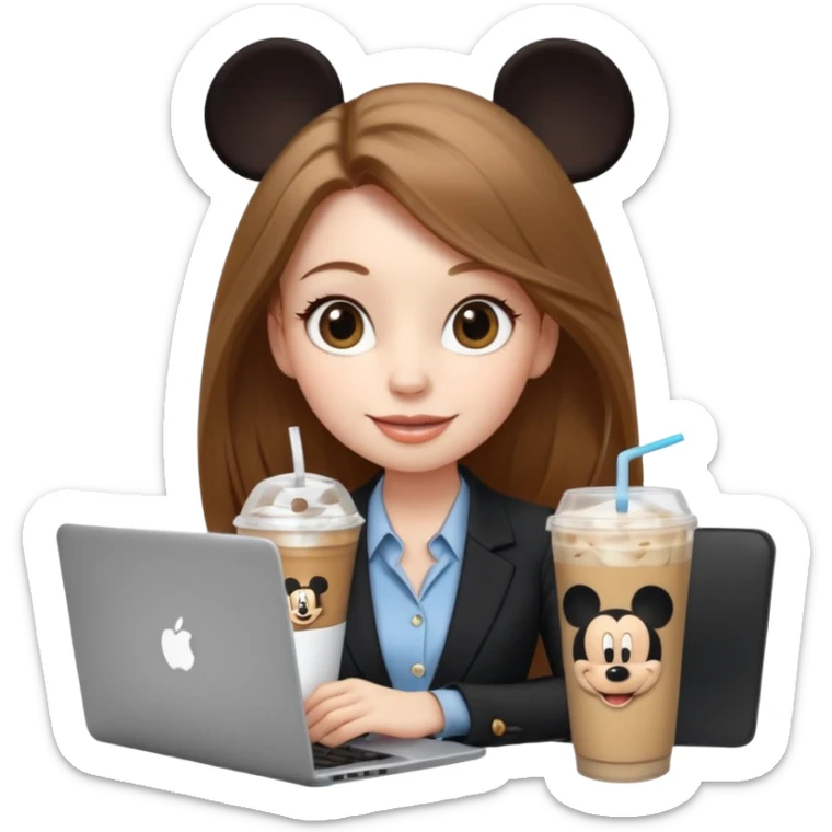 Women in front of laptop has a Mickey sticker, with a happy face, face a little fuller, long light brown hair, light brown big eyes, light pale skin with a iced coffee on the side, business attire sticker