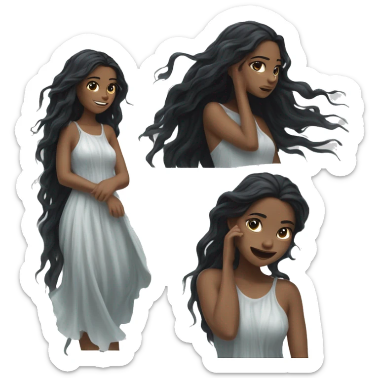 Black long hair flowing in the wind  girl white skin soaked in water woth NO FACElong laced dress sticker