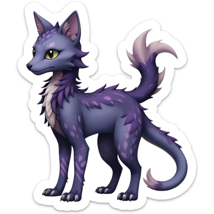 Kawaii dark edgy gloomy dusky dull-colored fantasy ethereal feline-vernid-sergal-fursona animal creature with a tufted tail full body with intricate markings  sticker