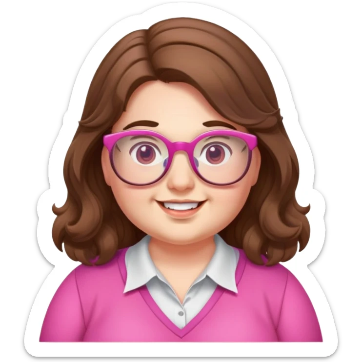 chubby English teacher face, wavy long brown hair, pink glasses, happy, gamer, for online classes sticker