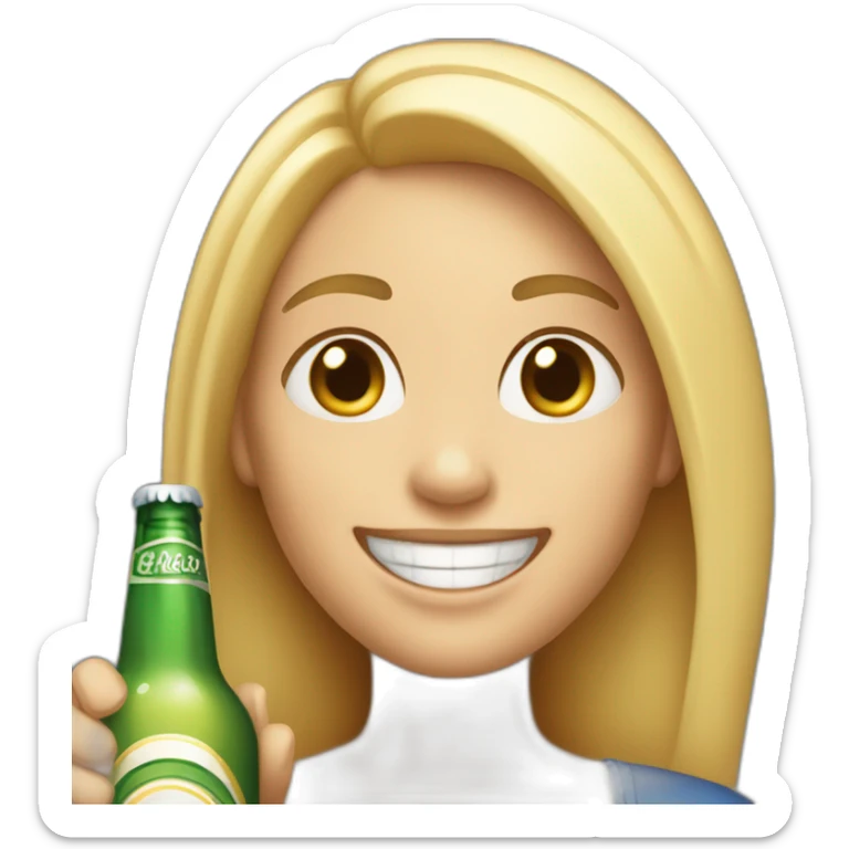 A 41 year old cheerful woman with light skin and light blond half long hair grinning and holding a bottle of beer sticker