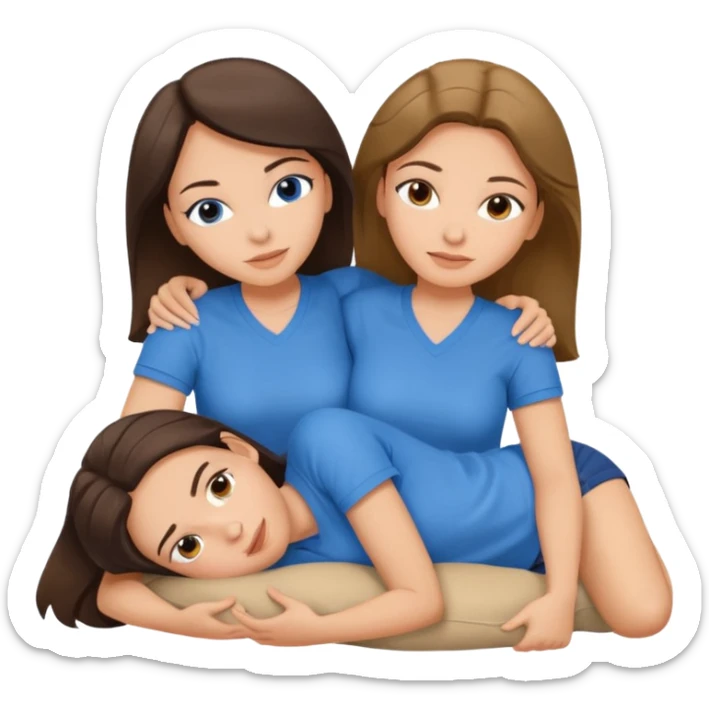 two white brunette women lying down full body on top of each other wrapped around each other one wearing a blue shirt sticker