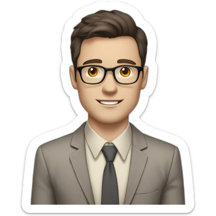 Pale skinned fit man with dark brown hair in gray jacket, beige office shirt, brown tie, brown pants and vintage glasses Writing on the marker board sticker