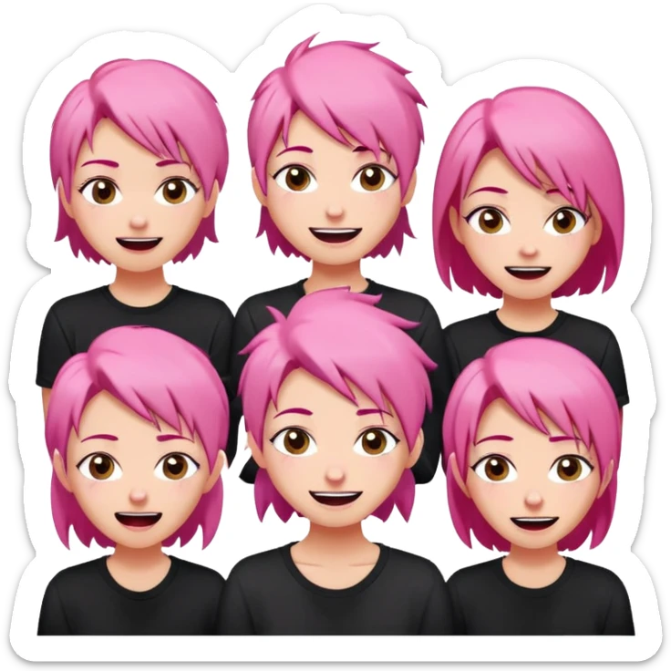 twitch emote set of a pin up smiling girl sticker of the head and shoulders of a beautiful russian pink HAIR woman, wearing casual clothes, thin lips, small smile, featuring various expressions on each face: happy, sad, excited, fell in love, angry, rage, laughing, crying, fustrated. White background, thick black outer stroke on white background, vector art style, cartoon, flat design, 2D, simple, hyper-realistic, high resolution, high details, high contrast, white colors, sticker thick black contour, soft expression sticker