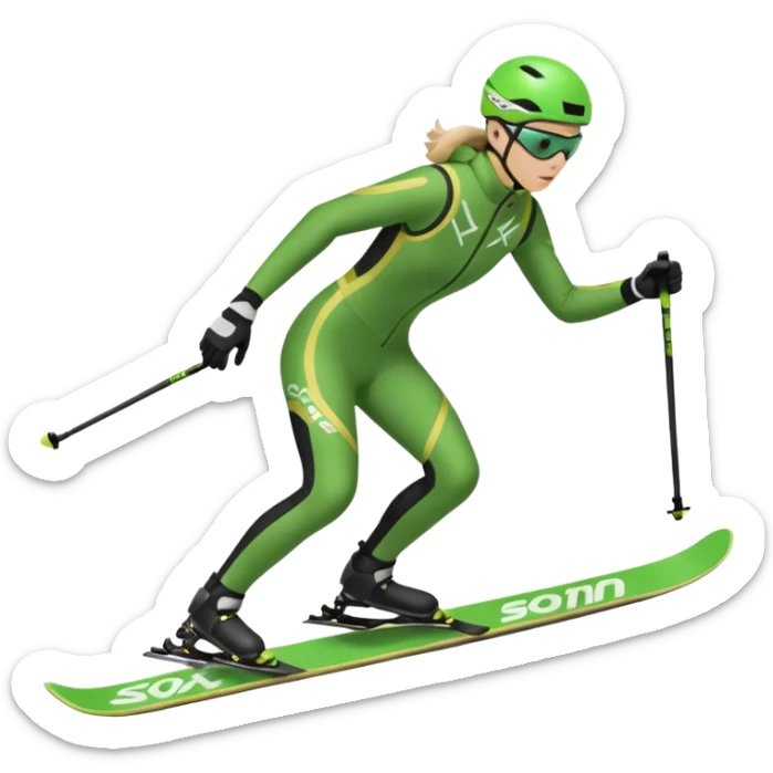 Xc ski racer in green and black clothing. Full body, skate skiing uphill sticker