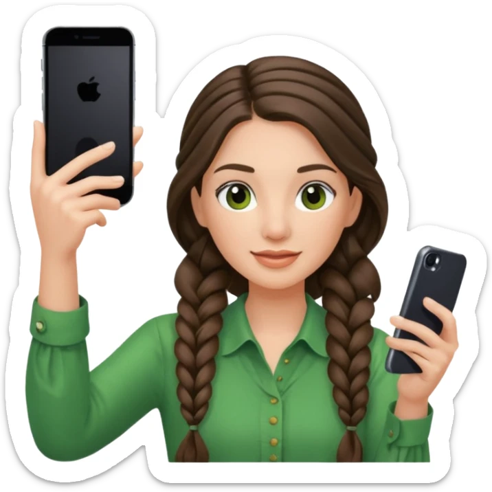 brunette long braided haired woman with green blouse holding her phone having selfie sticker