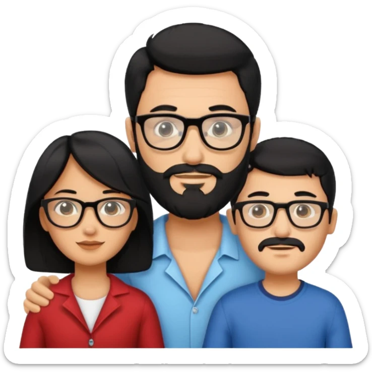 A family of a man, a woman and a boy, tanned, having black hair, the man wears glasses and has a beard.  sticker