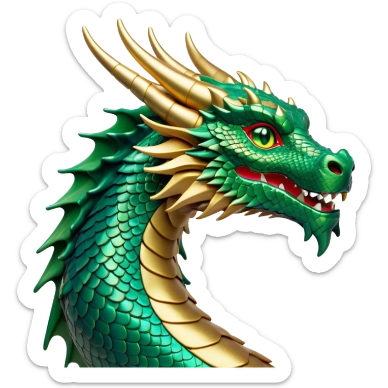 Cinematic Noble Dragon Portrait Emoji, Poised and majestic, with a sinuous, elongated body covered in intricately detailed, shimmering scales in hues of emerald and gold, and piercing, fiery eyes that reflect ancient wisdom; rendered with lifelike texture and natural highlights, high shine, intelligent and formidable, styled with an aura of mythic power, focused and attentive, soft glowing outline, capturing the essence of a legendary dragon that appears ready to soar out of the screen with timeless authority! sticker