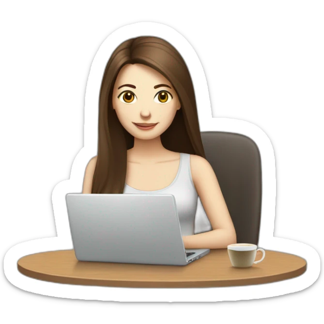 woman with long straight brown hair and pale skin using a laptop as a saucer for a coffee mug sticker